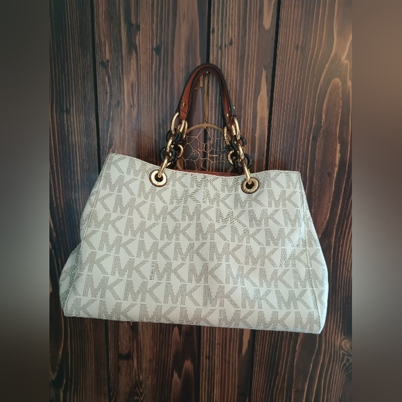 Michael Kors Handbags - Michael Kors Cynthia Vanilla Logo Monogram Medium Satchel Bag